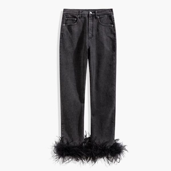

spring new style pants with feather stitching, slim fit and multi pocket jeans women's solid color casual straight pants women, Blue