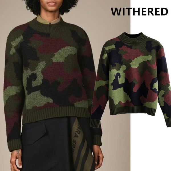 

withered winter sweaters women pull femme england style high street elstic camouflage o-neck short sweaters women pullovers, White;black