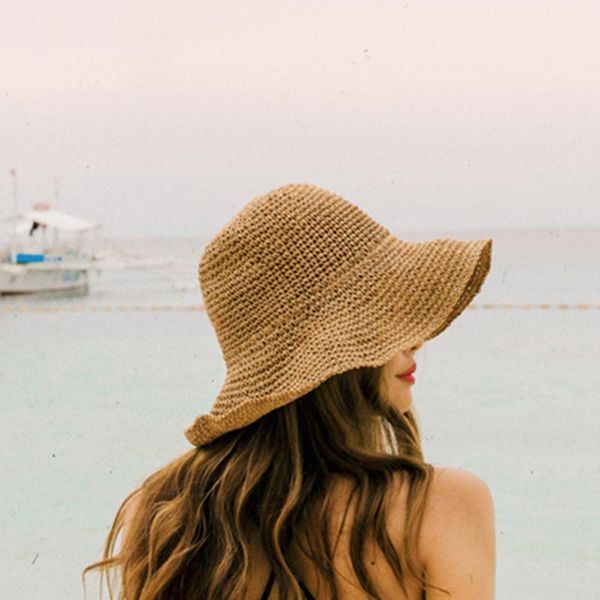 

summer hat women wide brim sun straw hat protection beach hat adjustable handmade weave foldable sun hats for women ladies, Blue;gray