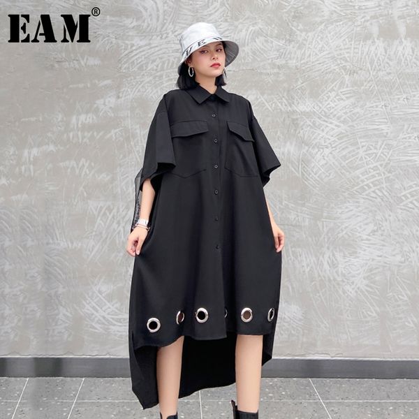 

eam] women black mesh irregular hollow out big size shirt dress new lapel half sleeve loose fashion spring summer 2020 1w069, Black;gray