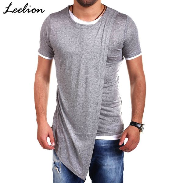 

leelion 2018 summer fake two t shirt men irregular hem short sleeve t-shirt fashion solid slim hip hop streetwear man's tshirt, White;black