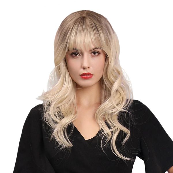 

women 22'' synthetic wavy curly w/ neat bangs blonde full wig for costume, Black
