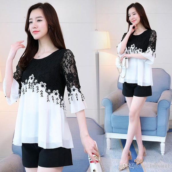 

2020 plus size woman blouses 2019 summer new chiffon blouse cotton edge lace blouses shirt bell sleeve women shirt, White