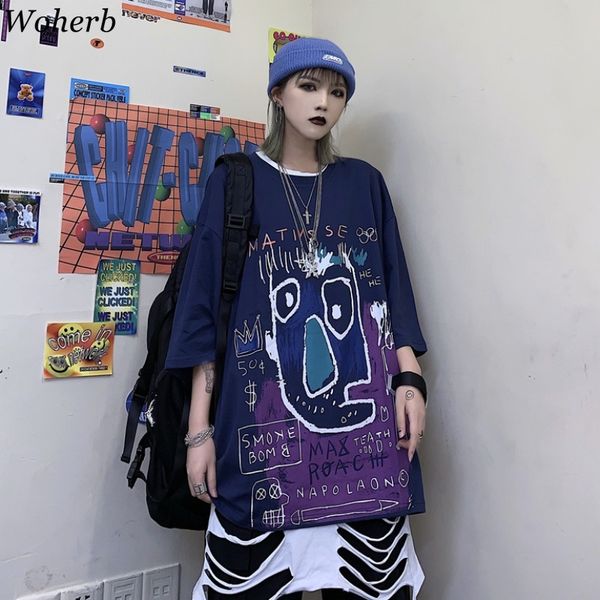 

woherb women clothes 2020 new korean white shirts women harajuku cartoon print letter vintage loose casual shirt female 92154
