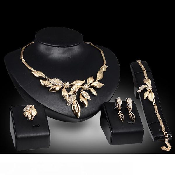 

earrings necklaces bracelets rings jewelry sets fashion women elegant rhinestone 18k gold plated leaves wedding jewelry 4-piece set js058, Slivery;golden