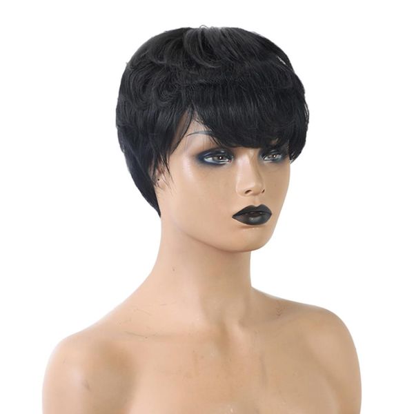 

black straight wavy wig w/ bangs real human hair party cosplay wigs