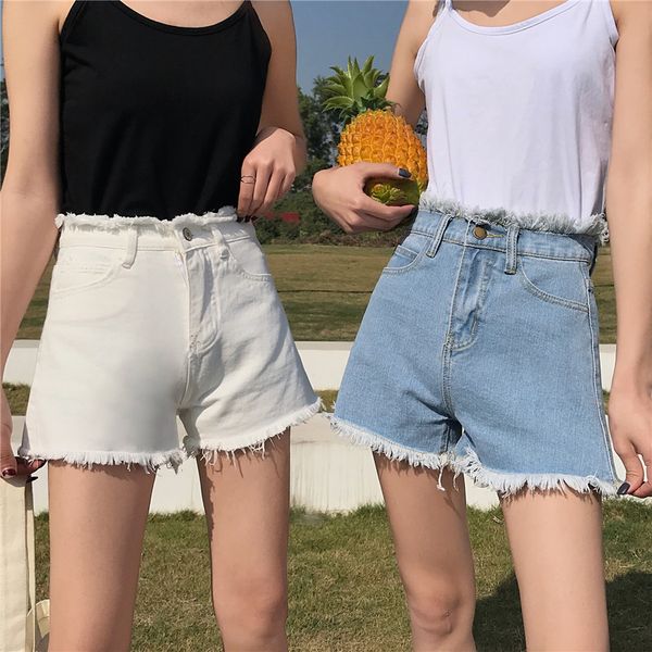 

women's shorts female straight spring korean version of the loose wild student high waist wide leg pants sanding pants denim, White;black