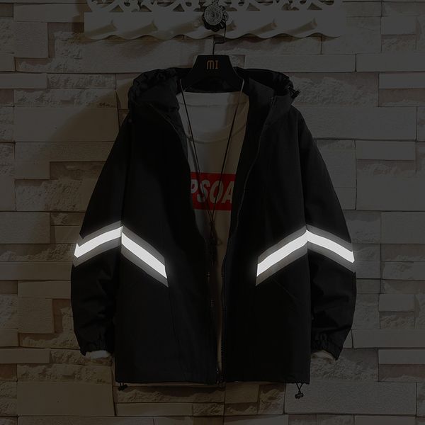 

autumn new jacket men's loose reflective hooded night running sports coats men fashion contrast color korean style casual jacket, Black;brown