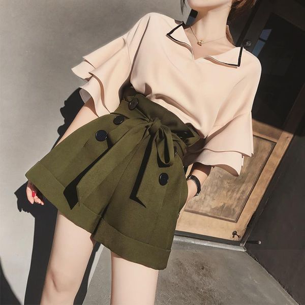 

two piece dress womens clothing 2021 summer loungewear 2 outfit set v-neck ruffled chiffon and loose wide leg shorts office suits f180, White