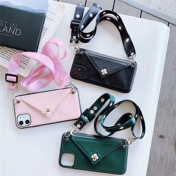 

one piece phone case for iphone 6p 7 8plus xs xr 11 11promax fashion camellia wallet designer phone case back cover with lanyard