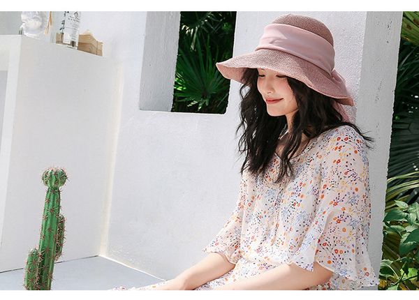 

ribbon pull grass hat female summer season han version big eave beach hat uv sun visor travel foldable, Blue;gray