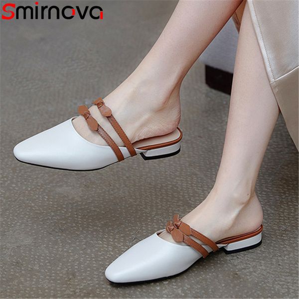 

smirnova 2020 new arrive low heel casual shoes women slipper genuine leather shoes bowknot summer slipper ladies, Black