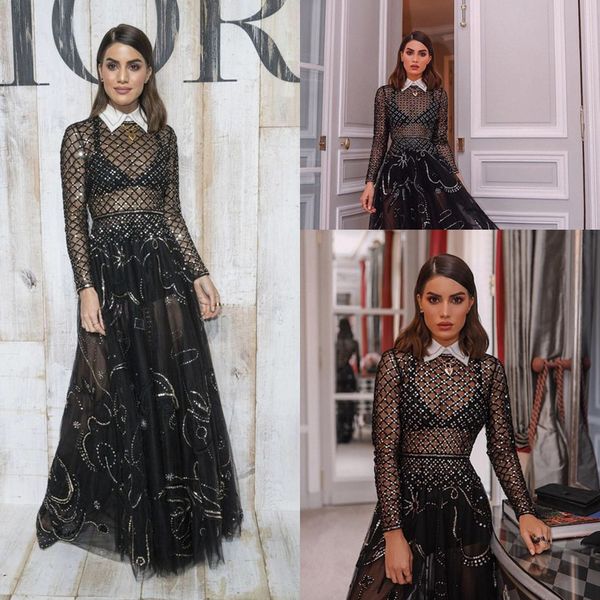 

black high neck long sleeves evening party dresses 2019 new a line tulle long prom gowns lace sequins formal party dress
