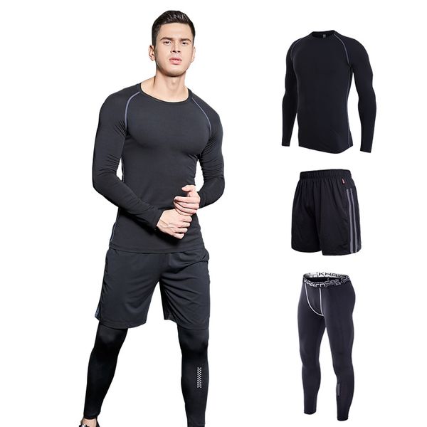 

tactical t-shirt fitness clothing men's compression t-shirt fast-drying crossfit shirts men's leggings rash guard s-3xl 3 piece, Gray