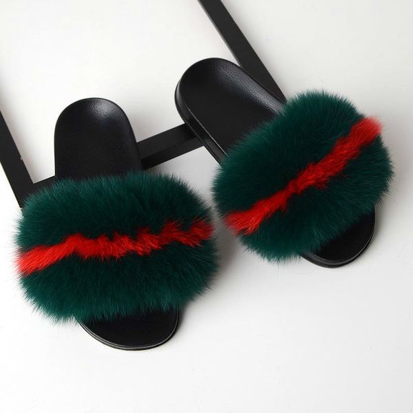 

Summer Women Slipper Fox Fur Slides Beach Sandals Slip On Flip Flop Outdoor Slippers Lady Fashion Slides Flat Heel Plus Size