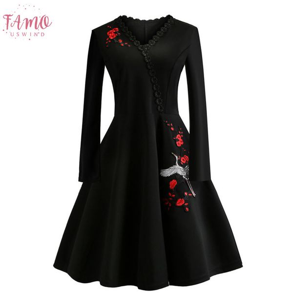 

women 50s 60s vintage dress embroidery floral swing rockabilly dress party vestidos a line long sleeves dresses plus size 4xl, Black;gray