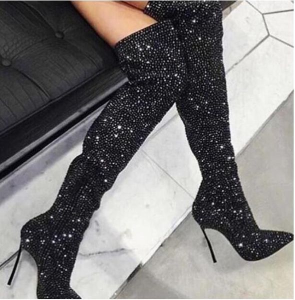 Sıcak Satış-Chic Kristal Kadınlar Uzun Çizmeler Sivri Burun Metal Ince Yüksek Topuk Ayakkabı Üzerinde Diz Fermuar Seksi Zarif Ayakkabı Siyah Çizmeler