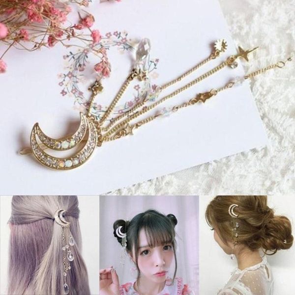 

fashion elegant alloy and drill electroplating process moon rhinestone dangle crystal tassel women hairpin hair jewelry, Golden;white