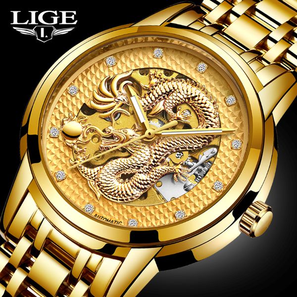 

dragon skeleton automatic mechanical men wrist watch full stainless steel strap gold clock waterproof men's watch relojes hombre, Slivery;brown