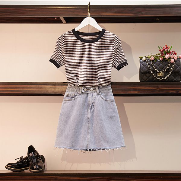 

2019 summer fashion women's sets casual short sleeves o neck t-shirt + denim skirt two pieces set female suits a1306, White