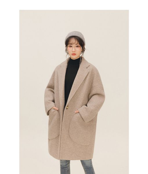 

simple pure commuter large pocket turn-collar wool coat new winter of 2018, Black