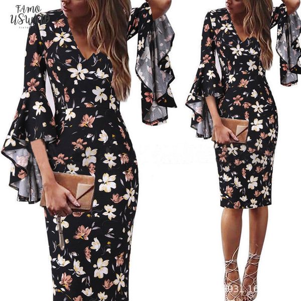 

2020 plus size 3xl midi dress women floral dots print black red deep v neck flare sleeve elegant slim bodycon pencil, Black;gray
