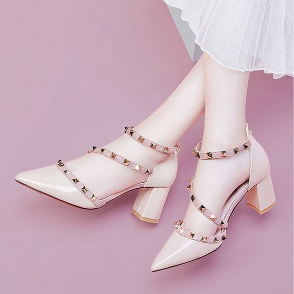 

classic new women's high heels spring and summer sandals fashion women's pumped rivet patent leather party office shoes, Black
