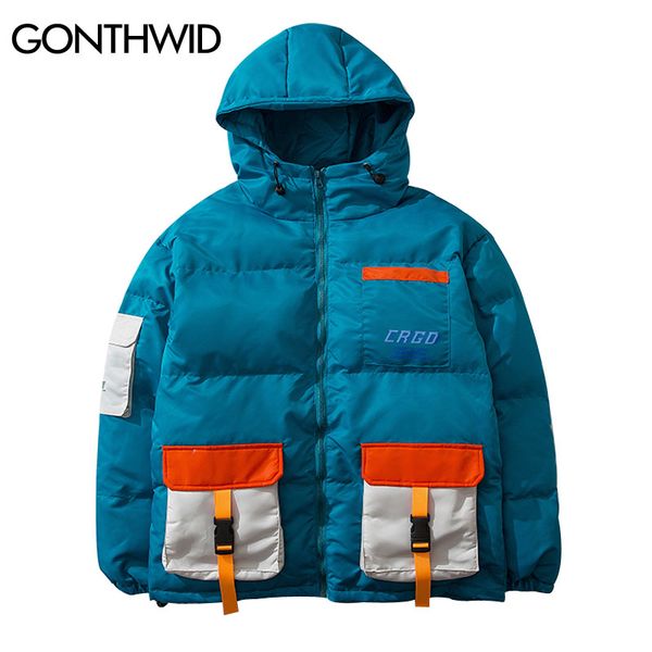 

gonthwid ribbon pockets color block patchwork hooded puffer parka jackets streetwear hip hop cotton padded parkas coat outwear, Black