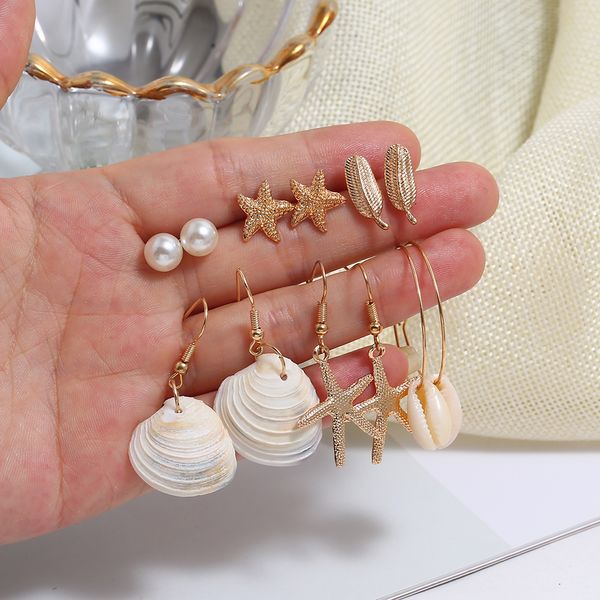 

jewellery fashion pearl starfish stud earrings bohemia natural shell scallop pendant circle earrings 6 pairs set, Golden;silver