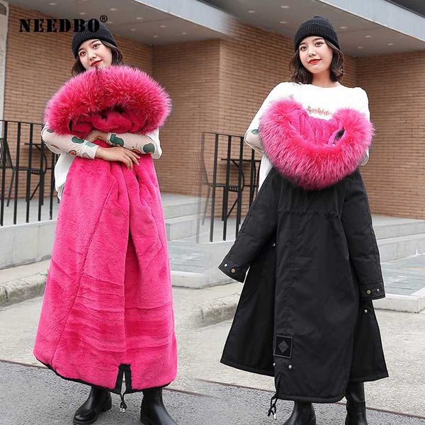 

needbo winter jacket women coat fur collar long parka mujer long ladies puffer coat women elegant casaco feminino parka outwear, Black