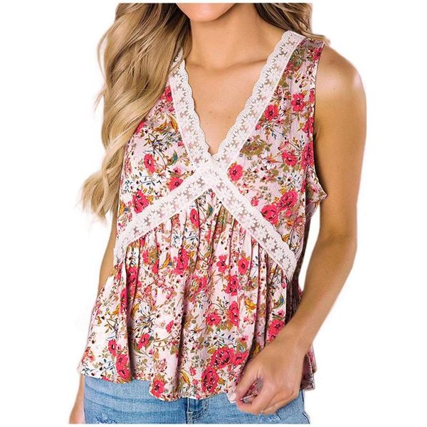 

38# women chiffon blouse summer floral printed v neck lace patchwork sleeveless ruffle blouses plus size shirt camisas, White