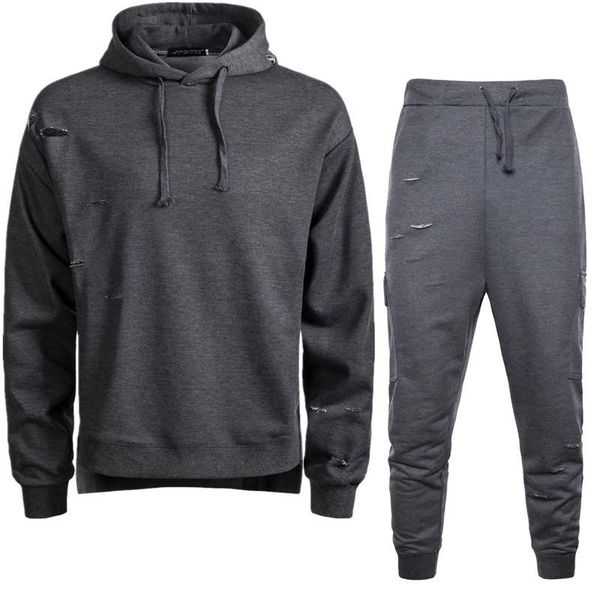 

autumn mens designer tracksuits fashion ripped solid color hooded two piece pants mens active casual style tracksuits, Gray