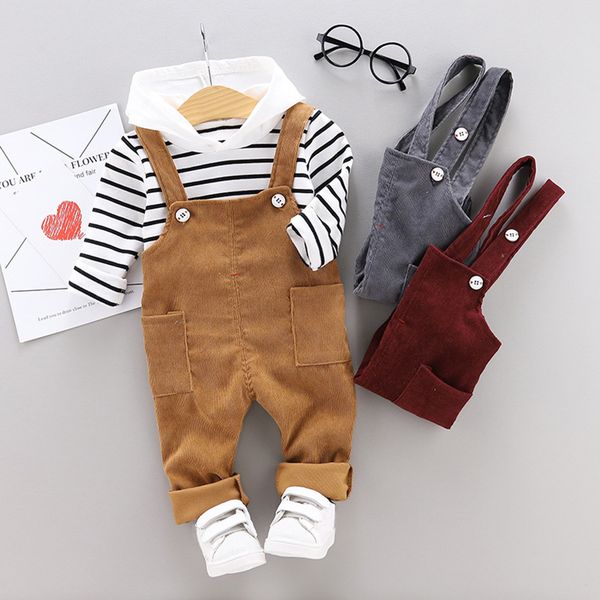 

toddler kids baby boy girl hooded striped sweatshirt suspender pants outfits set fashion cotton children's costume sale, White