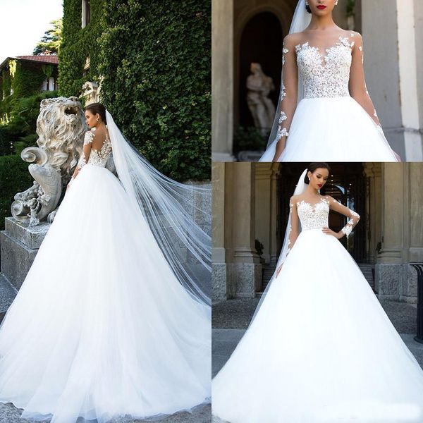 

Hot Sale A-line Long Sleeve Lace Wedding Dresses Appliques Beaded Beach Church Bridal Wedding Gowns Custom Made