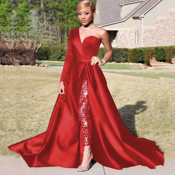

red one shoulder evening dress siamese suit pants celebrity dress prom gown special occasion banquet dress clearance processing, Black;red