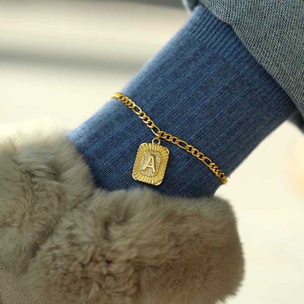 

personalized initial anklet square alphabet leg bracelets for women foot jewelry stainless steel feet chain friendship gifts, Red;blue
