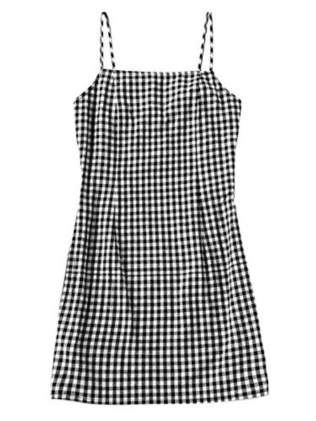 

jollymoda women's spaghetti strap dress casual gingham short mini dress, Black;gray