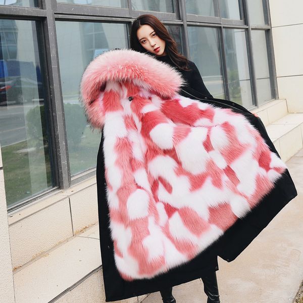 

new fashion women winter clothes hooded coat high imitation raccoon fur overcoat women faux fur coat, Black