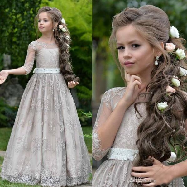 On Sale Silver Lace Girls Pageant Dresses Long A Line Jewel Neck