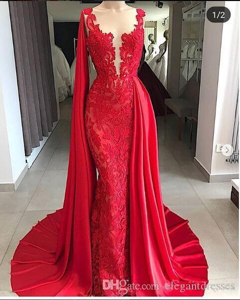 

sheer neck red mermaid prom dresses with watteau train lace formal long women evening party gowns custom made vestidos de soiree plus size, Black