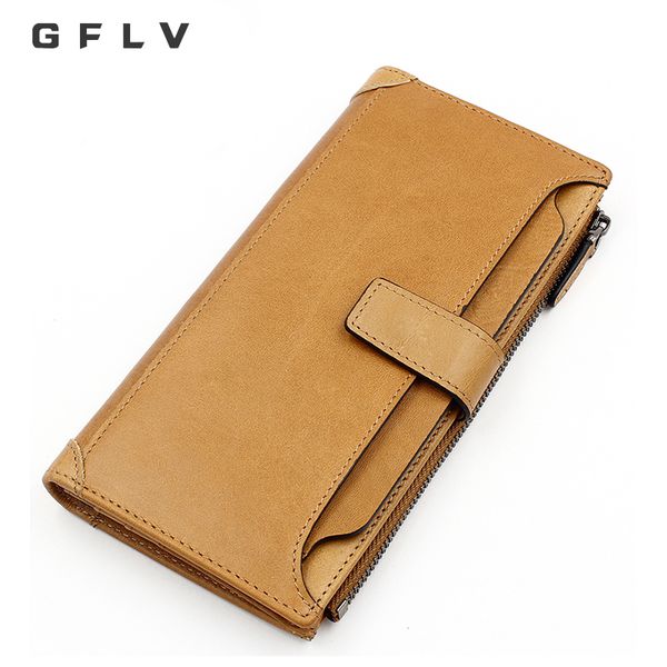 

gflv vintage long wallet men cowhide genuine leather wallet hasp clutch multifunction zipper purse card holder, Red;black