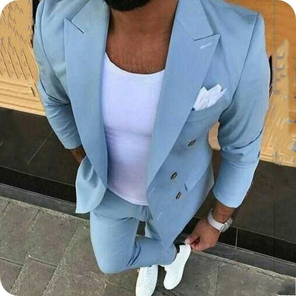 Bonito azul claro noivo smoking trespassado Groomsmen Wedding Tuxedos Popular Homens Formal Prom Jacket Blazer Suit (Jacket + Calças + Tie) 1281