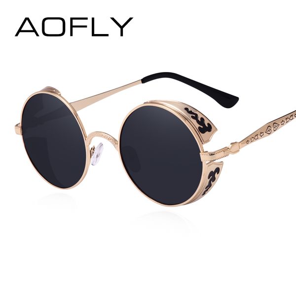 

aofly steampunk vintage sunglass fashion round sunglasses women brand designer metal carving sun glasses men oculos de sol s1635 y200415, White;black