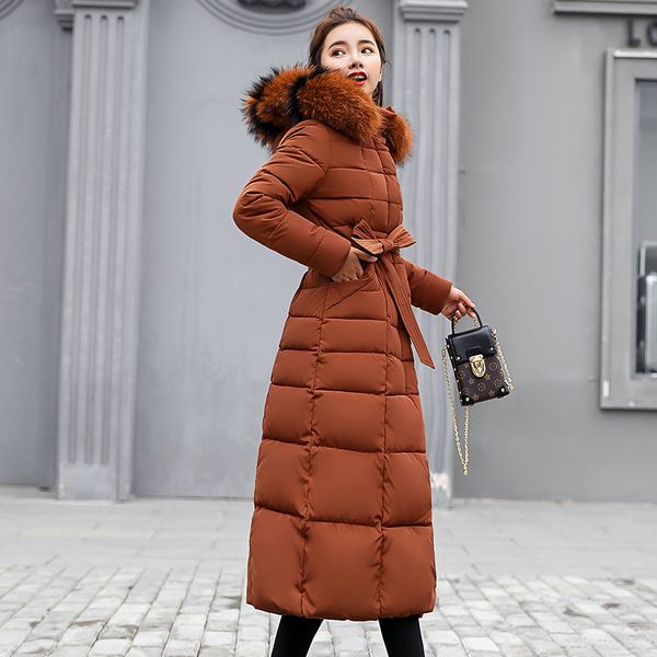 

korean x-long jacket parka women new detachable faux fur collar hooded winter warm thick overcoat with belt 6 colours slim coat, Black