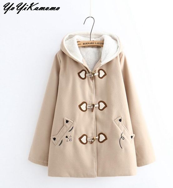 

yoyikamomo winter 2017 women parkas new japanese mori girl embroidery hooded thicke casual loose cute women coat, Tan;black