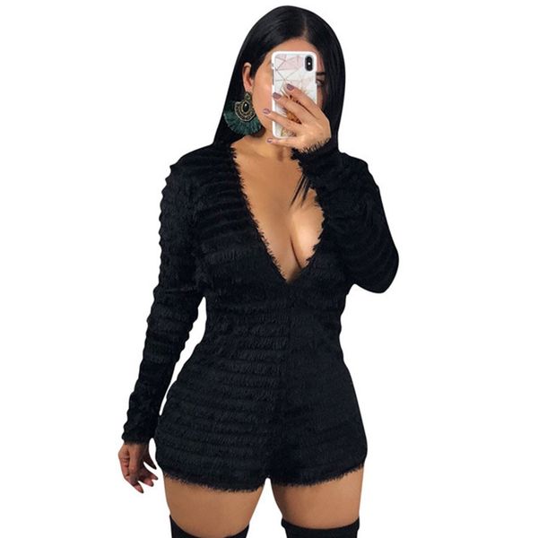 

deep v open back faux fur playsuit women long sleeve one piece short jumpsuits backless bodysuit rompers bodycon overalls, Black;white