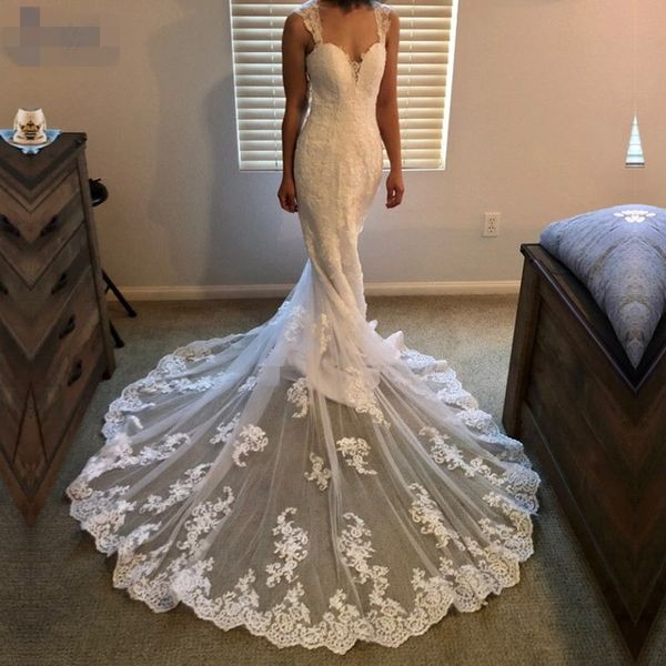 

robe de mariage long train lace mermaid wedding dresses sweetheart 2020 custom made appliques fishtail wedding gown vestido de noiva, White