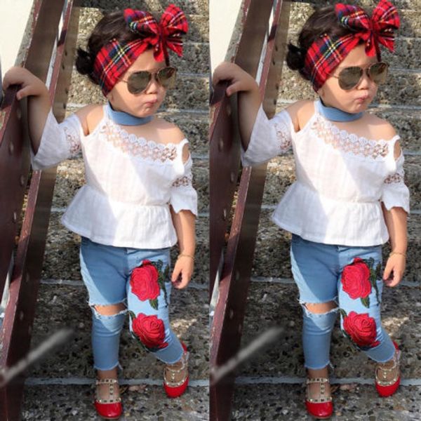 

floral toddler kids baby girls fashion clothes outfits lace +hole denim pants set t200526, White