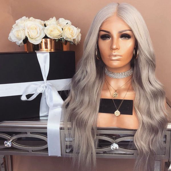 Natural Hairline Long Body Wave Gray Wig Glueless Heat Resistant