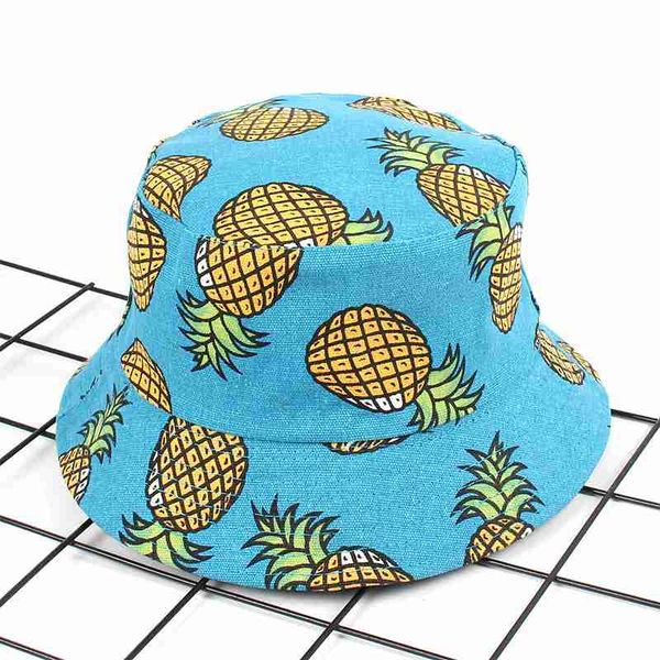 

fruit pineapple print double-sided wear fisherman hat basin cap leisure travel outdoor sun hat, Blue;gray
